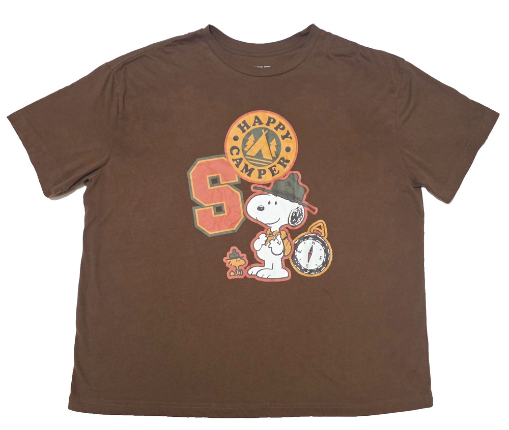 PEANUTS Snoopy Happy Camper Graphic T-Shirt Brown XL Beagle Scouts Woodstock